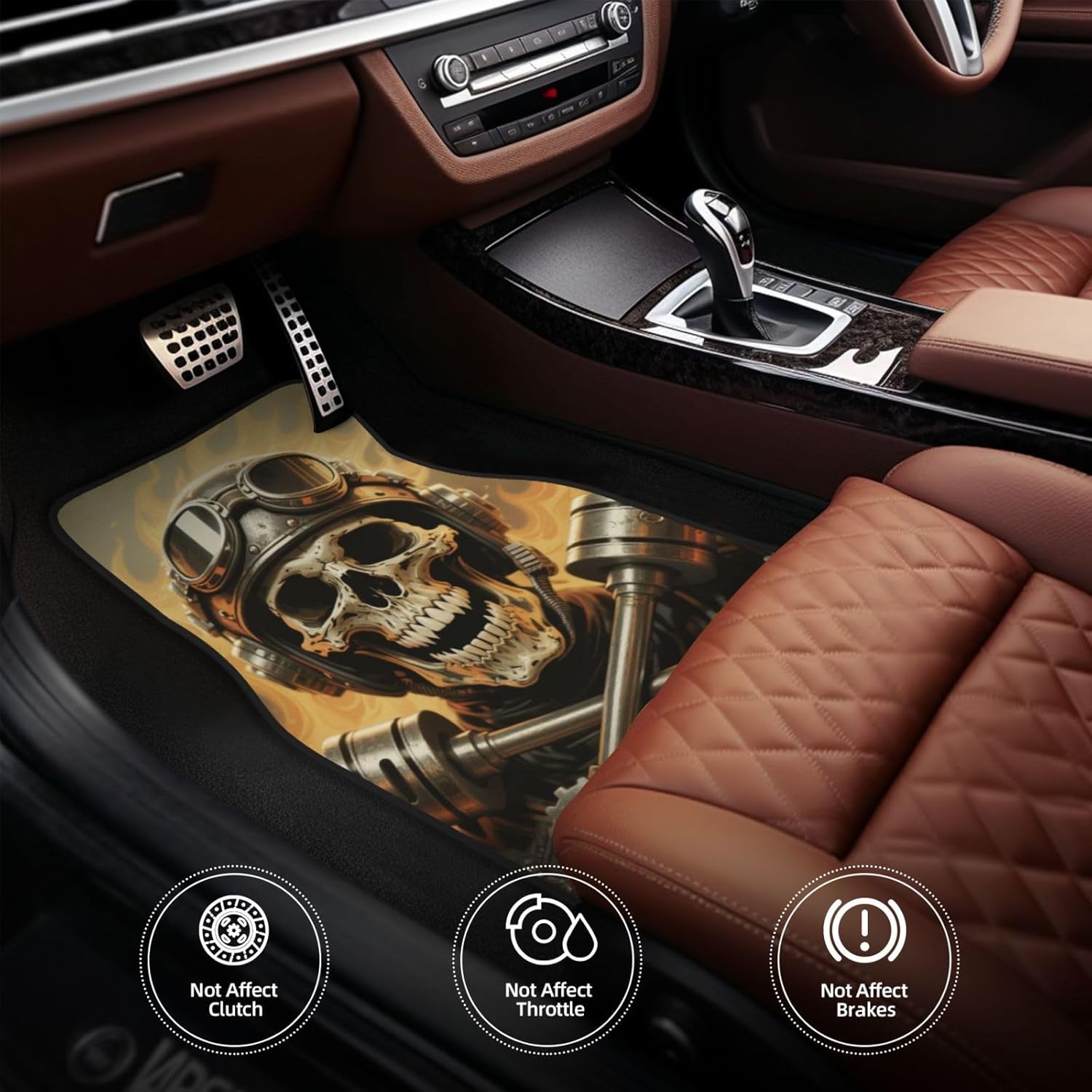 Luxury Boho Car Floor Mats Full Set | Car Decor for Women Men | Biker Skull Vintage Bohemian Pattern | Heavy Duty All-Weather Universal Rubber Liners | Non-Slip & Odor-Fre