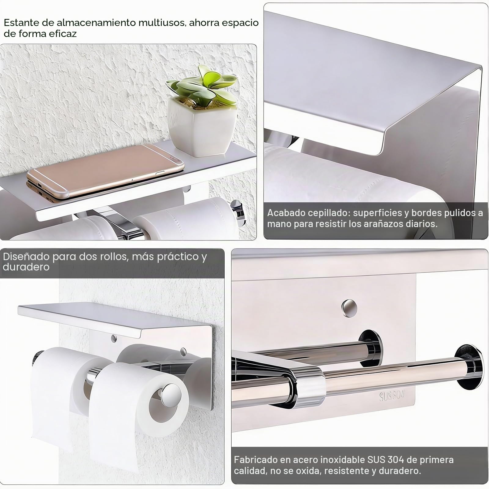 Portarrollos de Papel higiénico Doble con repisa para teléfono, dispensador de Rollo de Papel Doble con repisa, Cromo Pulido, portarrollos de Papel higiénico con repisa, Montaje en Pared Adhesivo con