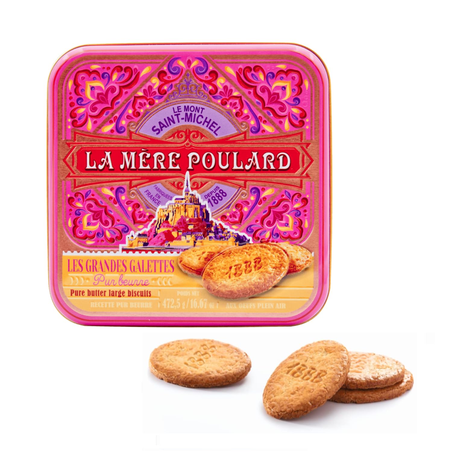 La Mère Poulard | Biscotti Puro Burro Salato Caramello | Latta Metallo Biscotti Francesi Burro Grandi Gallette - 472.5 Gr | Lattine Cucina Decori Frollini Regalo