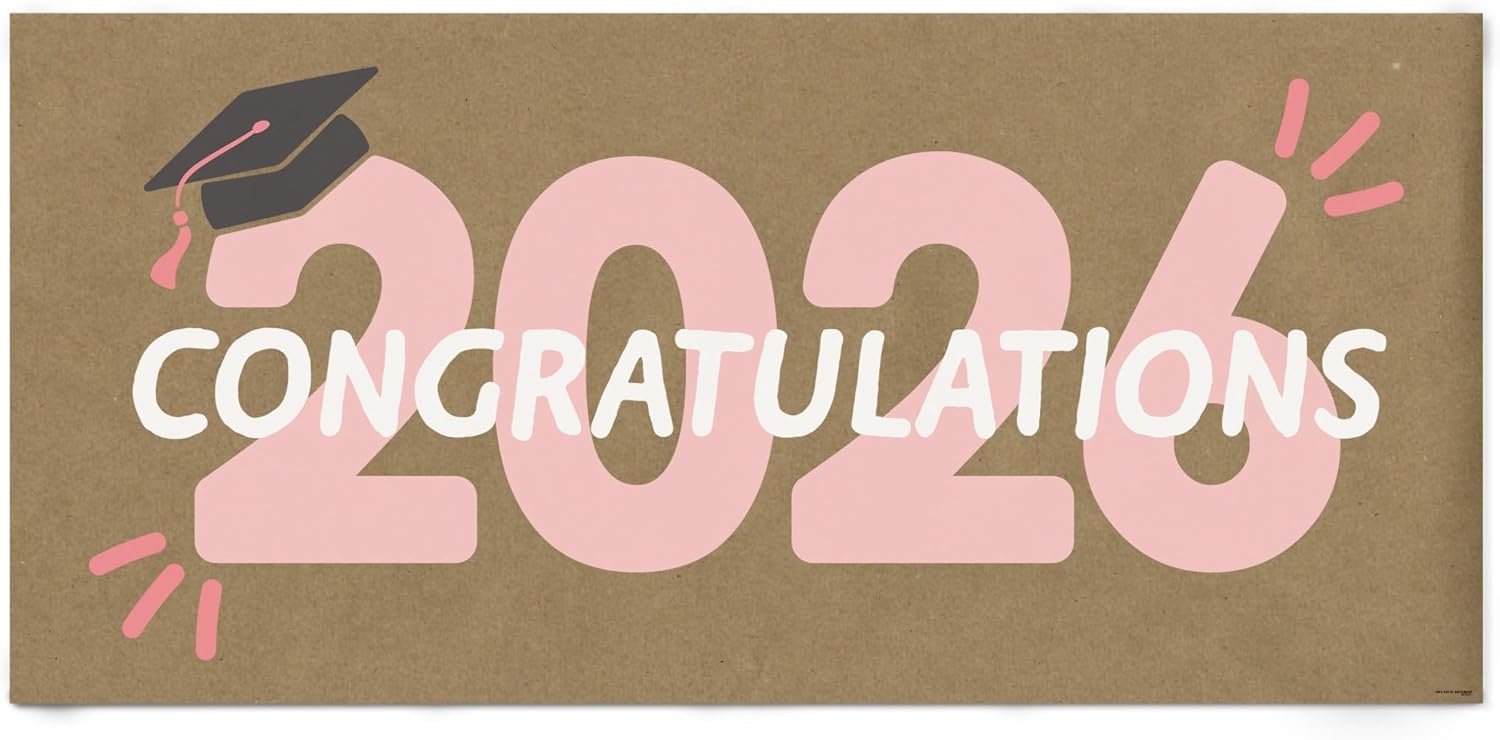 Big Dot of Happiness Rose Gold Class of 2026 Graduation Kraft Paper Banner, Congratulations 2026 Pink Printed Brown Paper Party Sign Decoration – 1 Count