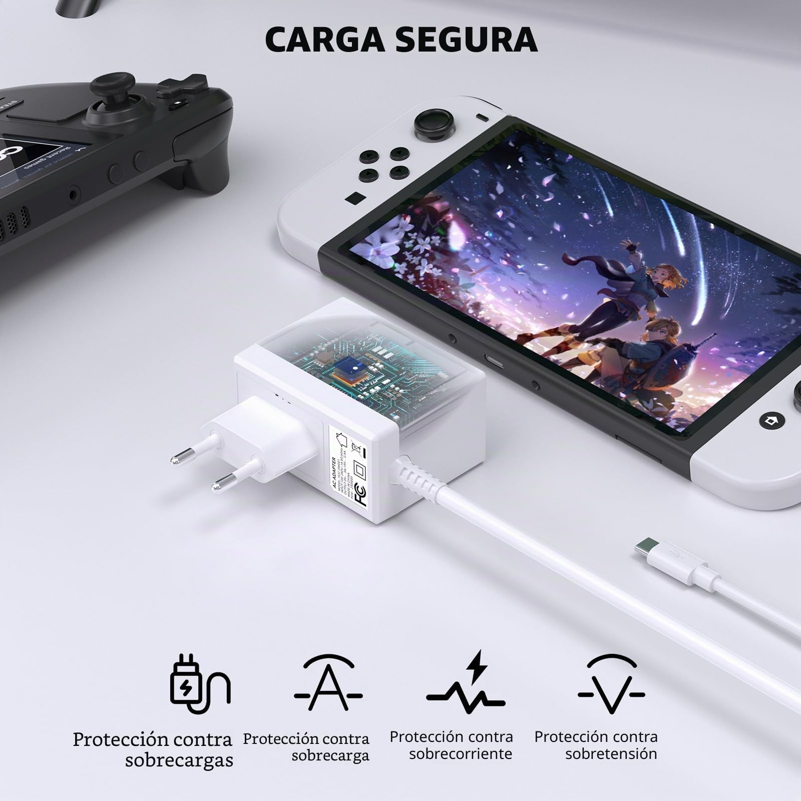 Cargador para Nintendo Switch Console Adaptador de Corriente para Nintendo Switch/Switch OLED/Lite, Modo TV 15 V/2,6 A de Carga rápida con Cable de 1,5 m/5 ft (Blanco)