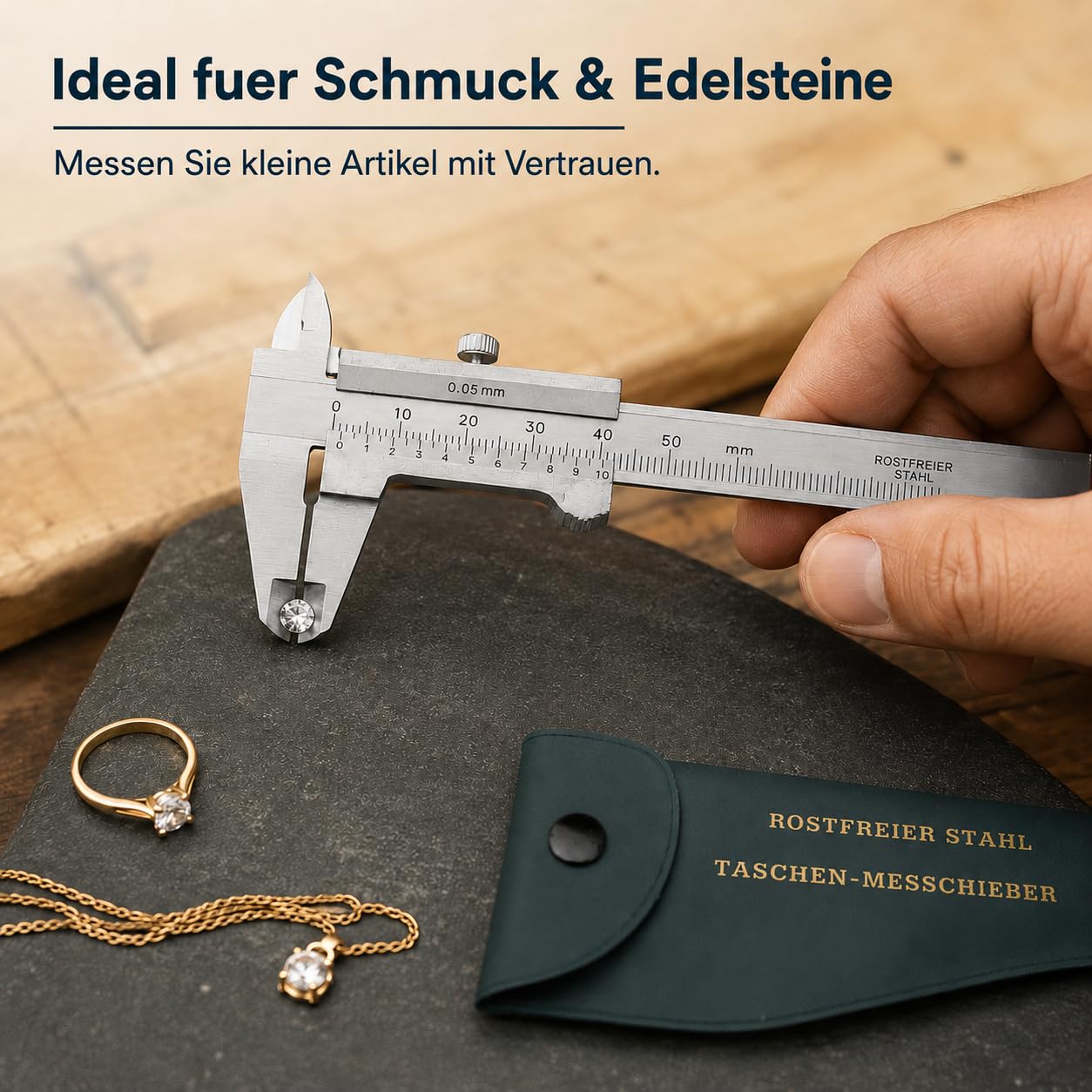 Messschieber Edelstahl Tragbar - 0-50mm Präzisions-Messwerkzeug mit 4 Messmodi, Doppelskala (mm/Zoll), Für Schmuck, Münzen, Antiquitäten, Studenten
