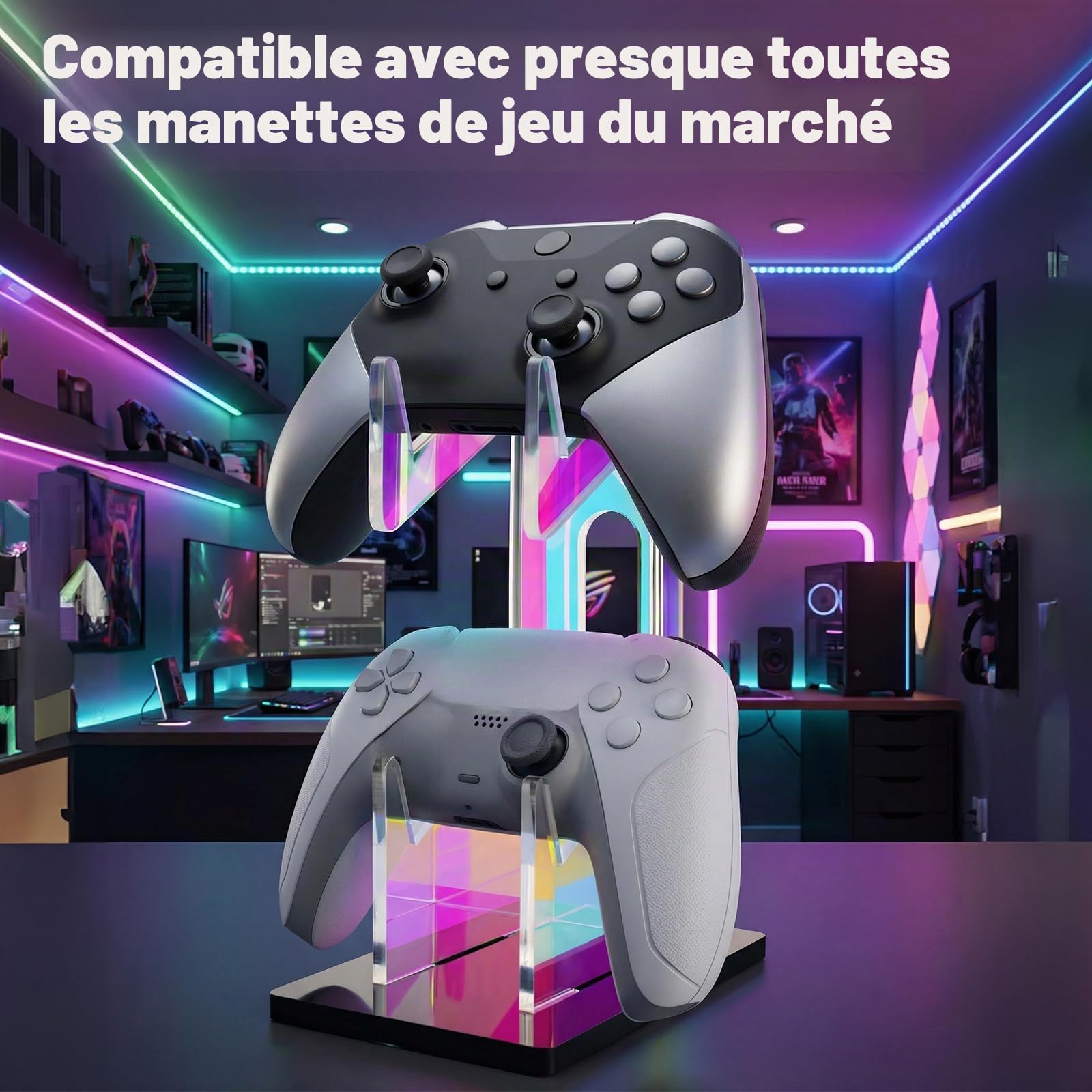 NiHome Support universel en acrylique irisé à 2 niveaux pour manette de jeu PS5 Xbox ONE Switch coloré accessoires de jeu antidérapant stable en acrylique transparent