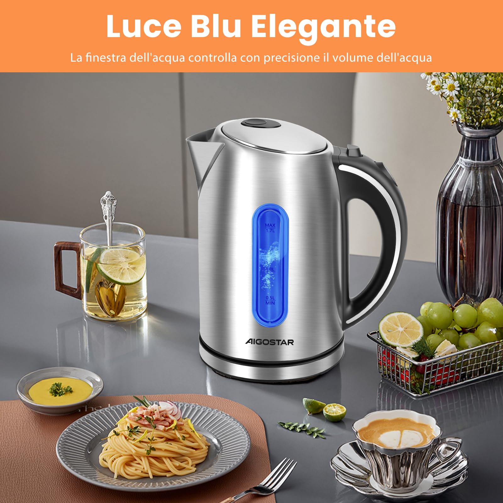 Aigostar Bollitore Elettrico Acciaio Inox 1,7 Litri - Bollitura Rapida Bollitore Acqua Elettrico 2200W, illuminazione a LED per il Livello Dell'acqua, Senza BPA, Con Filtro, Spegnimento Automatico