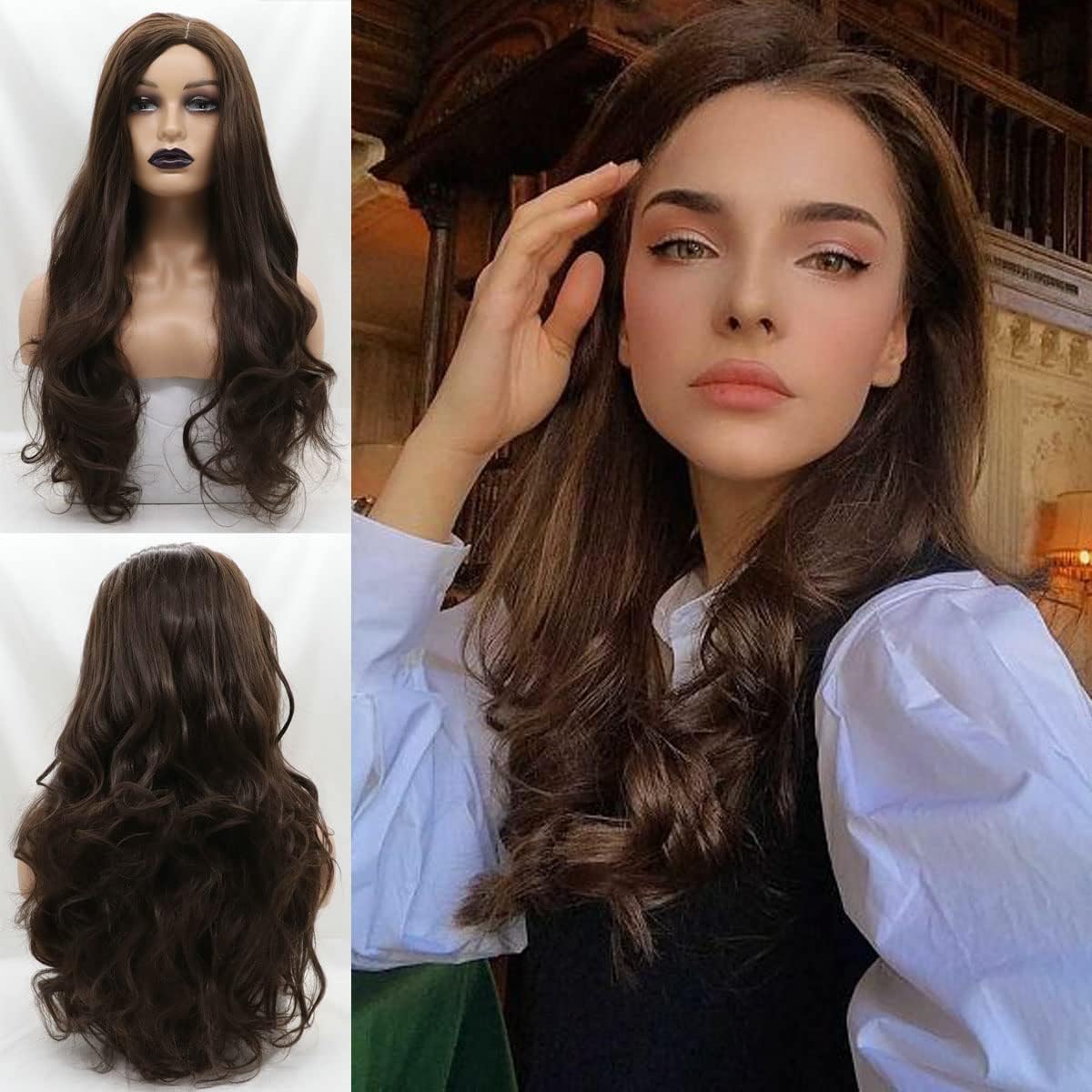 Curly Wigs for Women Brown Long Wavy Coloured Synthetic Wig Cosplay Costumes Dark Brown Blonde Cheap Afro Drag Real Hair Wigs Heat Resistant 24 Inches