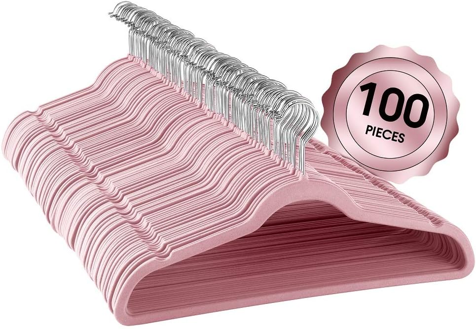 Elama 100 Piece Set of Velvet Slim Profile Heavy Duty Felt Hangers with Stainless Steel Swivel Hooks in Pink