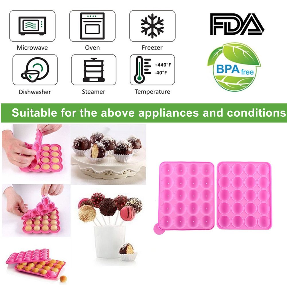 Moules à Pop Cake Muffins Bac à Glaçons Plaque en silicone pour Faire Lollipop Bonbon Gâteaux Pâtisserie 20 Moules + 120 Bâtonnets-Rose