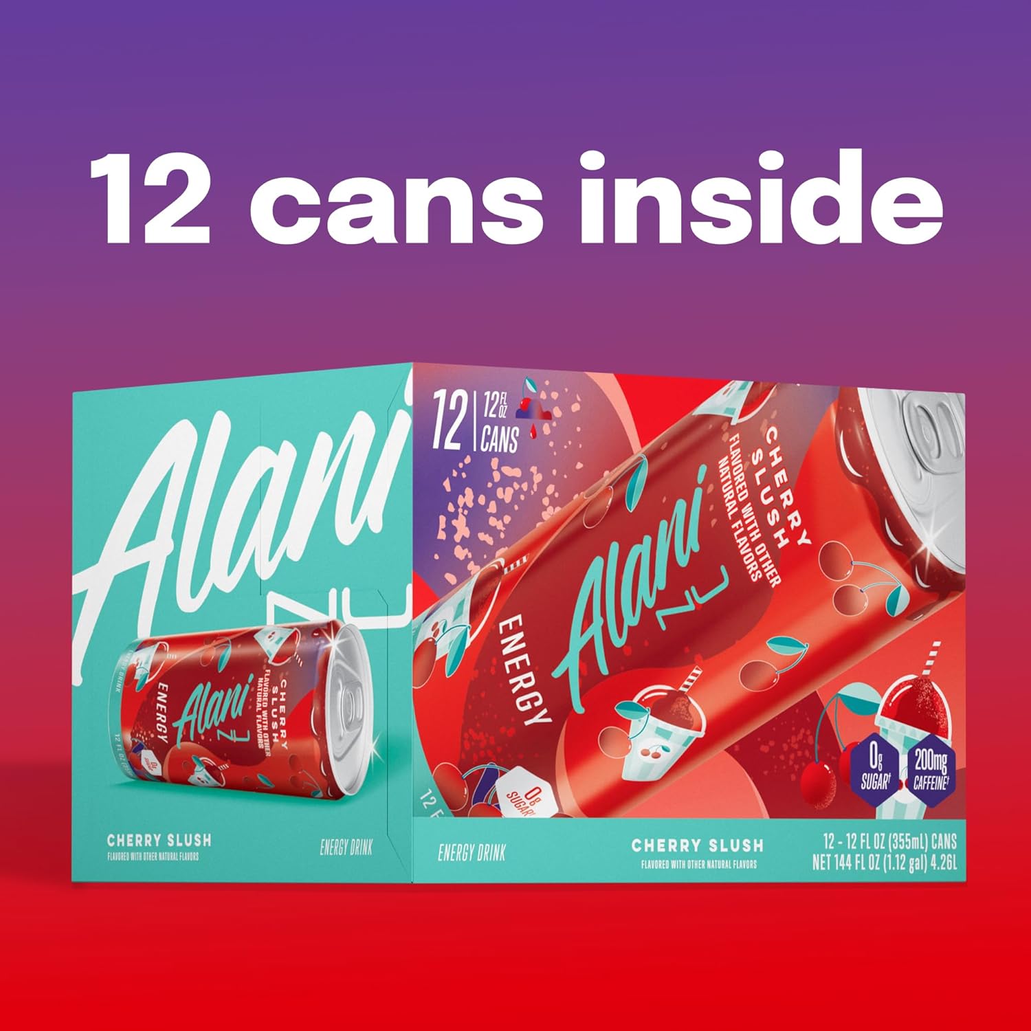 Alani Nu CHERRY SLUSH Ice Sugar Free, Low Calorie Energy Drinks | 200mg Caffeine | Antioxidants | Biotin, B Vitamins | Zero Sugar | 15 Calories or Less | 12 Oz Cans | 12 Count