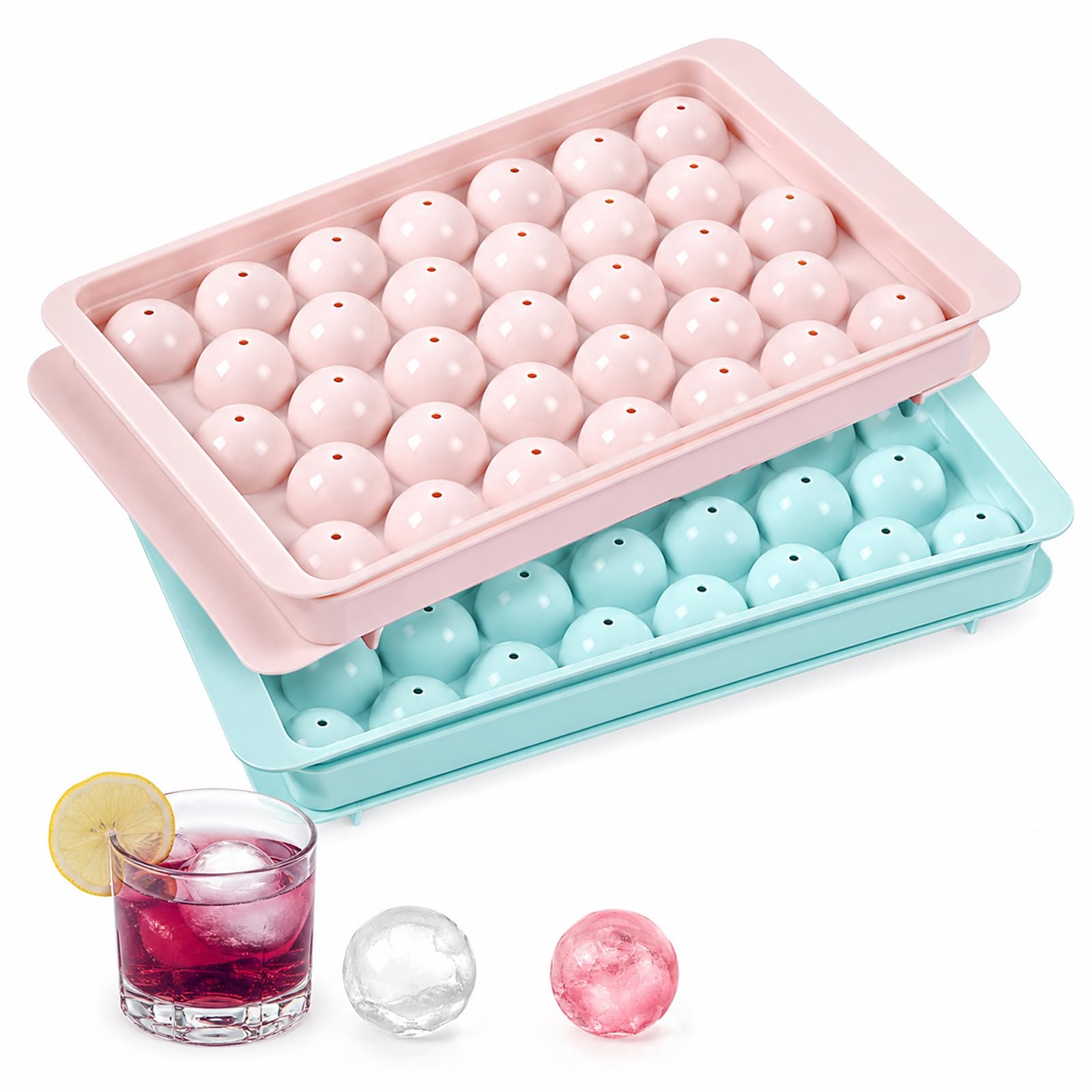 2 Pcs Silicone Ice Cube Tray,Round Ice Cube Tray Moulds,Blue&Pink,2.5cm