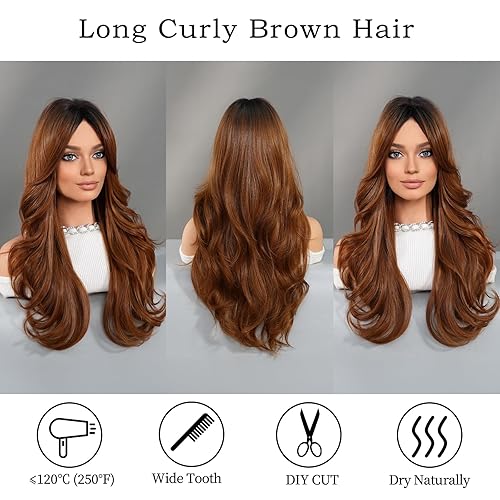 Miniatura 4 de PARK YUN Pelucas largas y onduladas de color castaño castaño con flequillo de 24 pulgadas, color marrón jengibre degradado, resistente al calor,