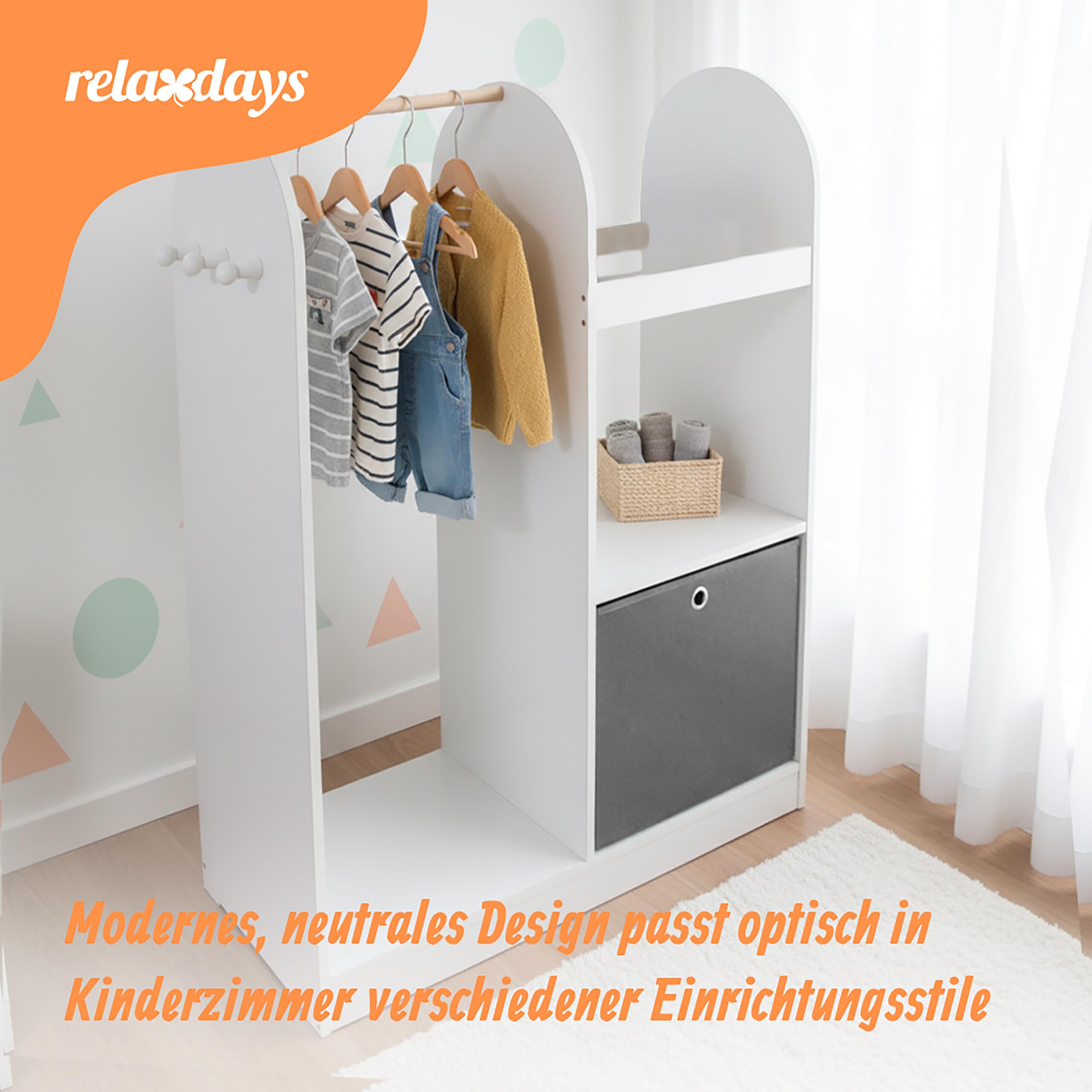 Relaxdays Kindergarderobe, 3 Haken, Kleiderstange & Aufbewahrungsbox, HxBxT: 108 x 97 x 35 cm, Kinderzimmer, weiß