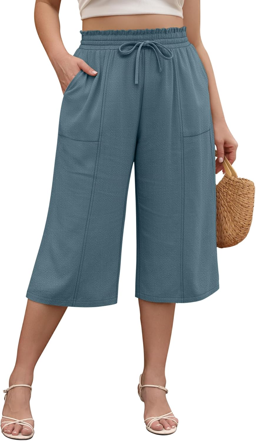 Ficerd Women's Plus Size Linen Capris with Pockets Wide Leg Elastic Drawstring High Waisted Beach Casual Loose Cropped Pants