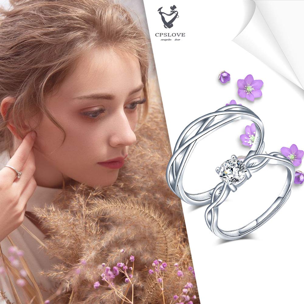 Bague de couple pour homme et femme en argent 925, Anneaux de mariage en diamant fleur, la taille réglable, Cadeau de Noël de Saint-Valentin de mariage