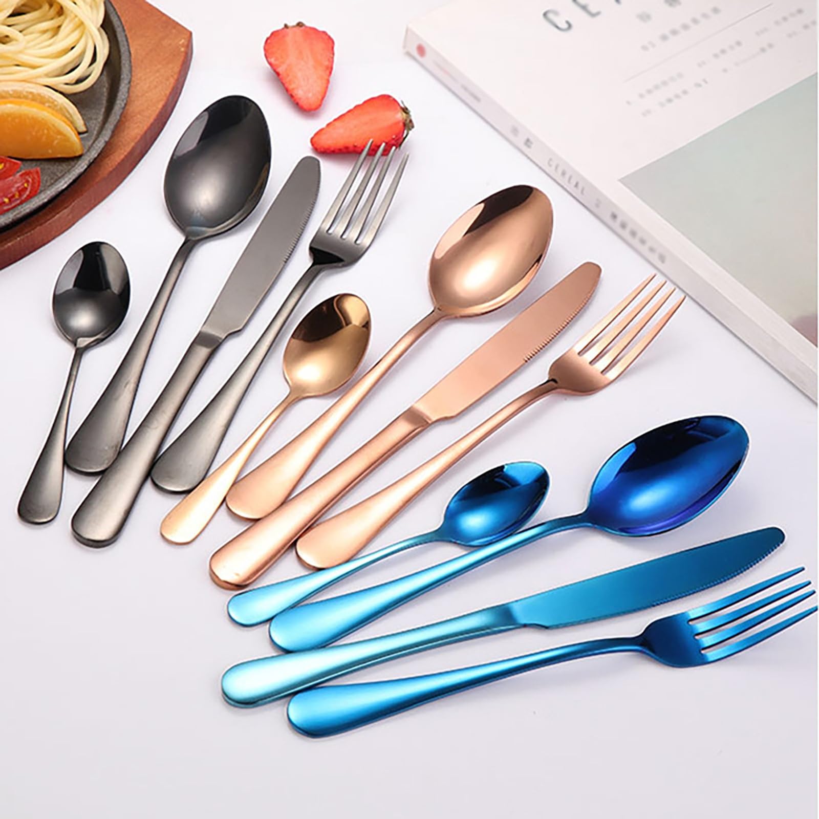 Juego de cubiertos de acero inoxidable, 84 piezas, elegante vajilla, con estuche, ideal para el hogar, servicio de hotel, banquetes, eventos y regalos especiales para celebraciones.(Black)