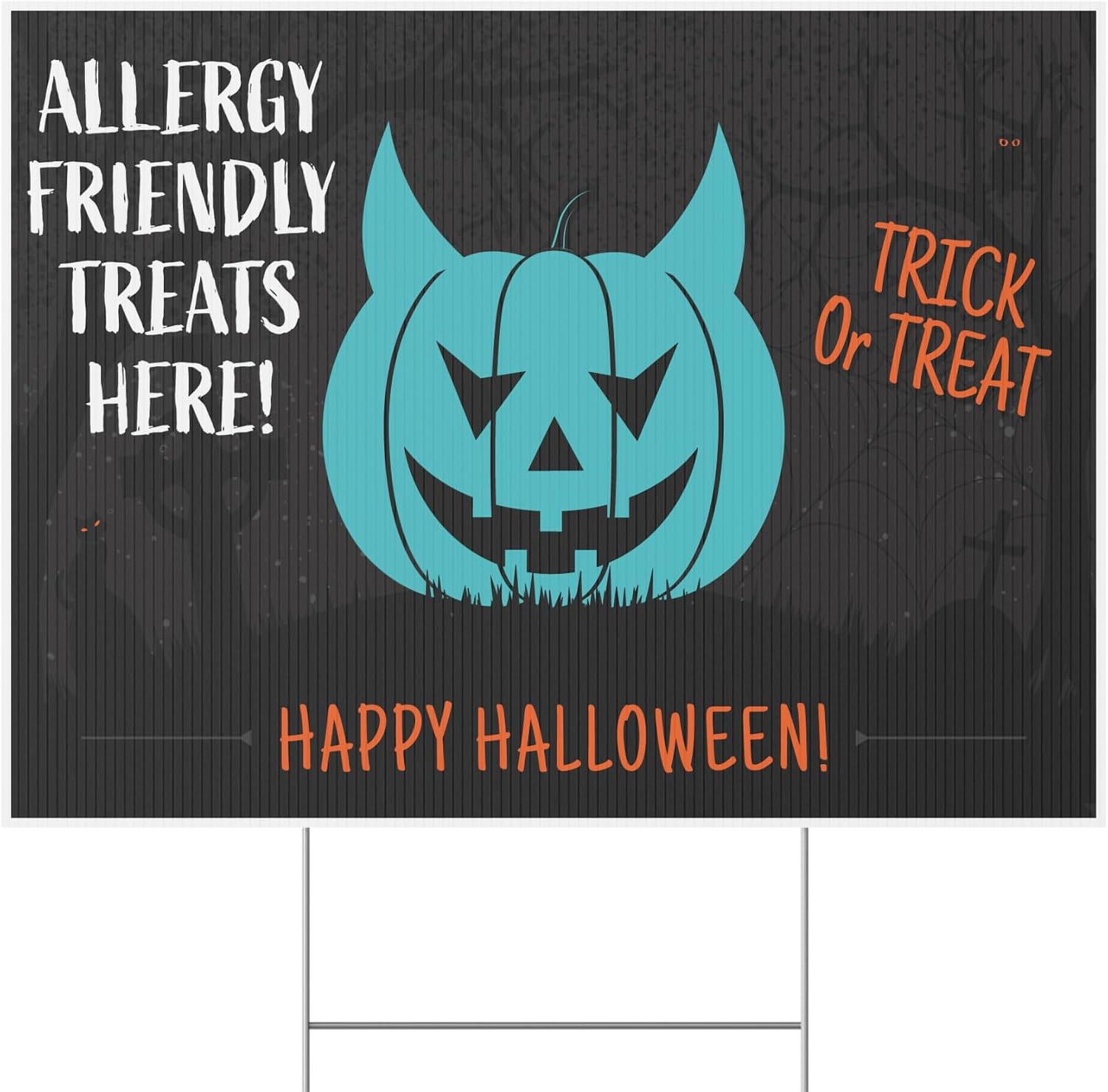 Halloween Allergy Friendly Treats Yard Sign, Printed Double Sided, Metal H-Stake Included (Teal, 24x18 Inches)