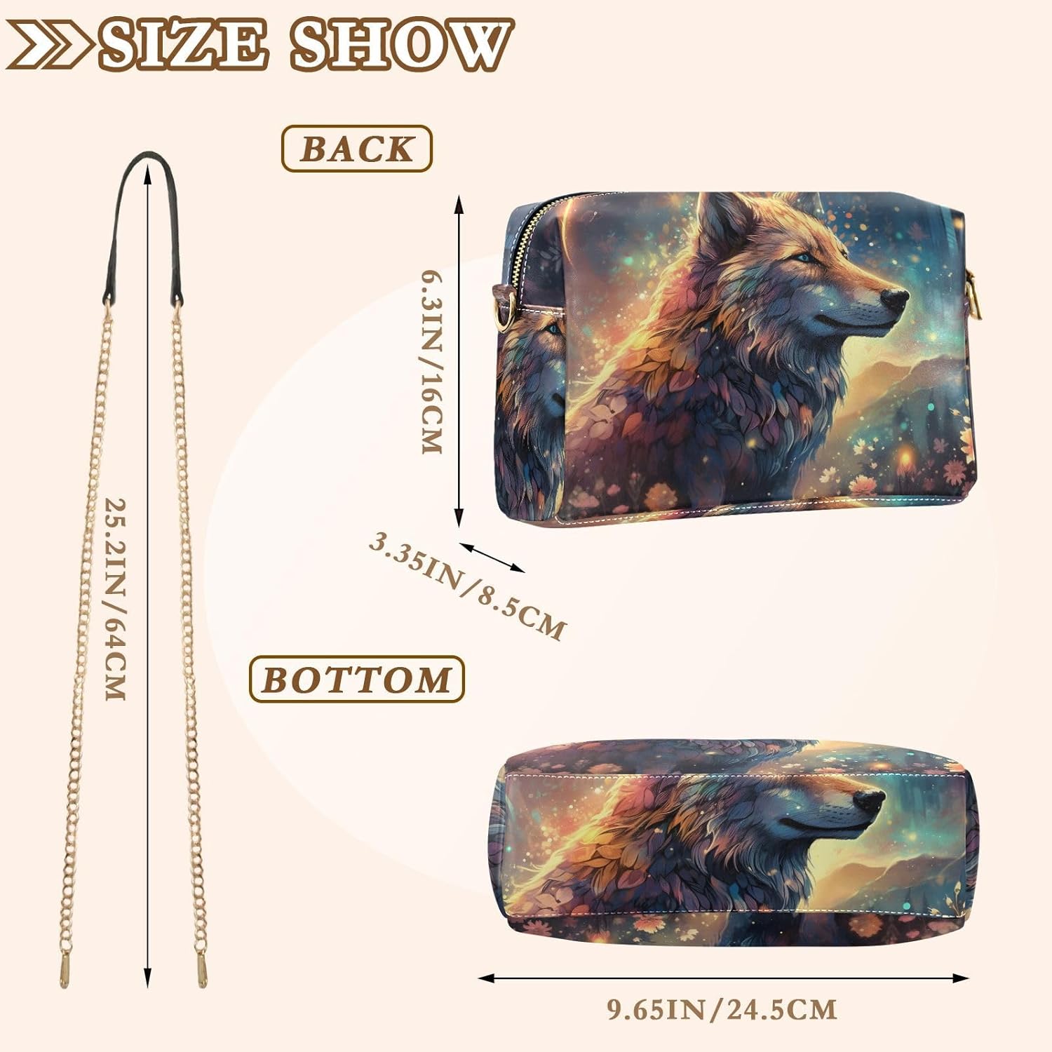 Women Crossbody Bag Shoulder Handbag Cellphone Purse Art Painting Wolf Flower Print, PU Leather Metal Chain Strap Water Resistant Zipper Closure