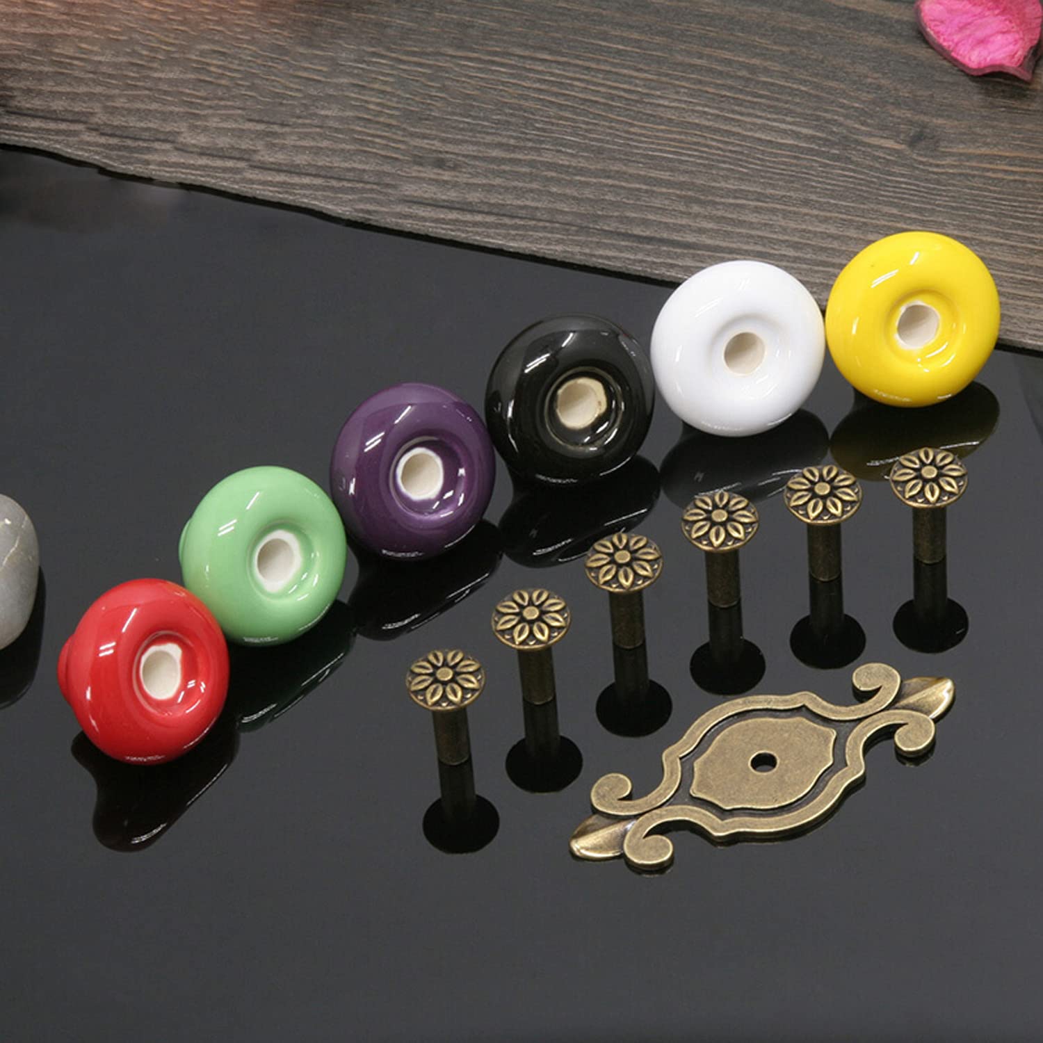 HUAMULAN Confezione da 10 pomelli in ceramica retrò, per credenze vintage da cucina, petalo, in lega di zinco rustica piastra posteriore per credenze, armadi, cassetti, maniglie per porte