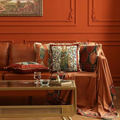 Miniatura 8 de patdrea Fundas de almohada de terciopelo rojo vintage de 18 x 18 pulgadas, patrón floral de personajes de civilización antigua, fundas de almohada