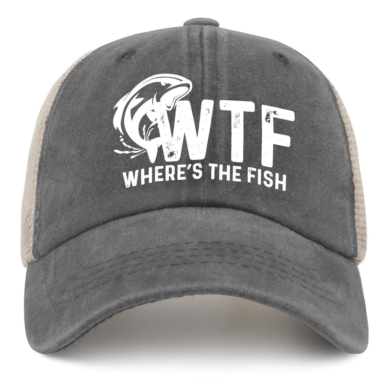 WTF Where's The Fish Hat Trucker Hat Men Trendy Mesh Cap for Summer Gray