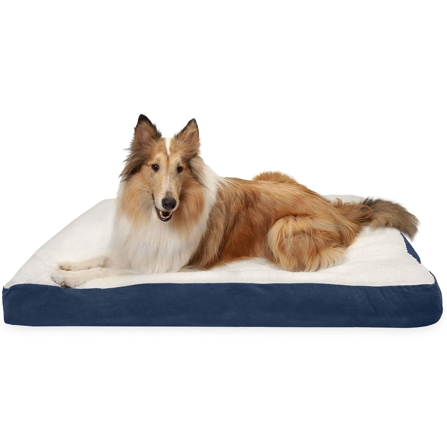 Furhaven Sherpa & Suede Mattress Fiberfill Pillow Dog Bed - Navy, Jumbo (X-Large)