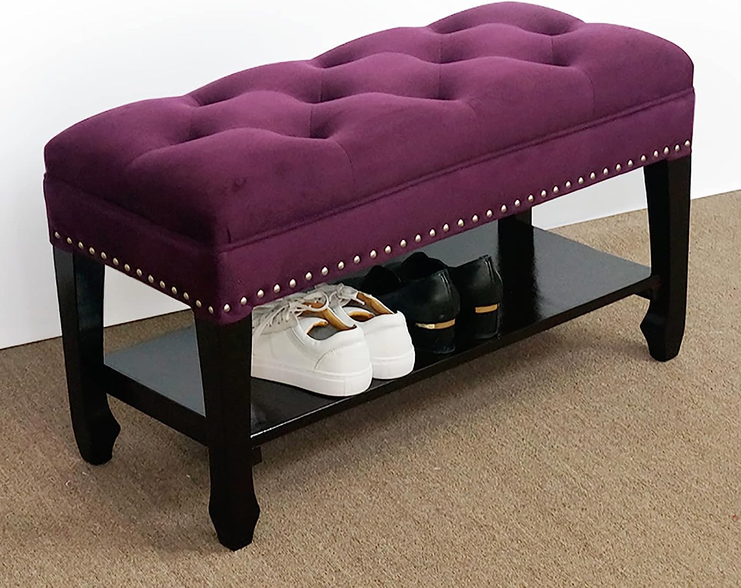 Banc de rangement pour chaussures en bois massif avec assise rembourrée ottoman de style rustique
