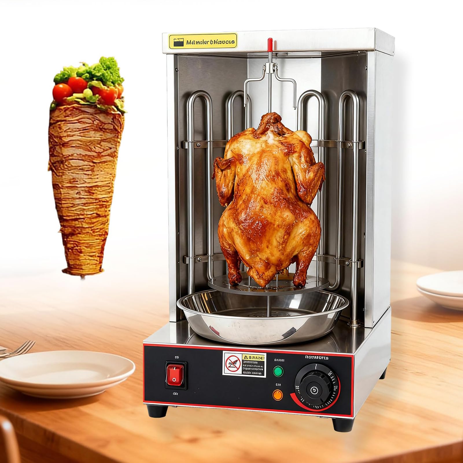 JIANGYUXINLI Shawarma Grill Machine, Vertical Electric Rotisserie Grill, 2400W Infrared Heating, 360° Rotating, Drip Tray, Holds 20 Lbs, 9-Inch Spike, Stainless Steel, for Takeaways & Cafés