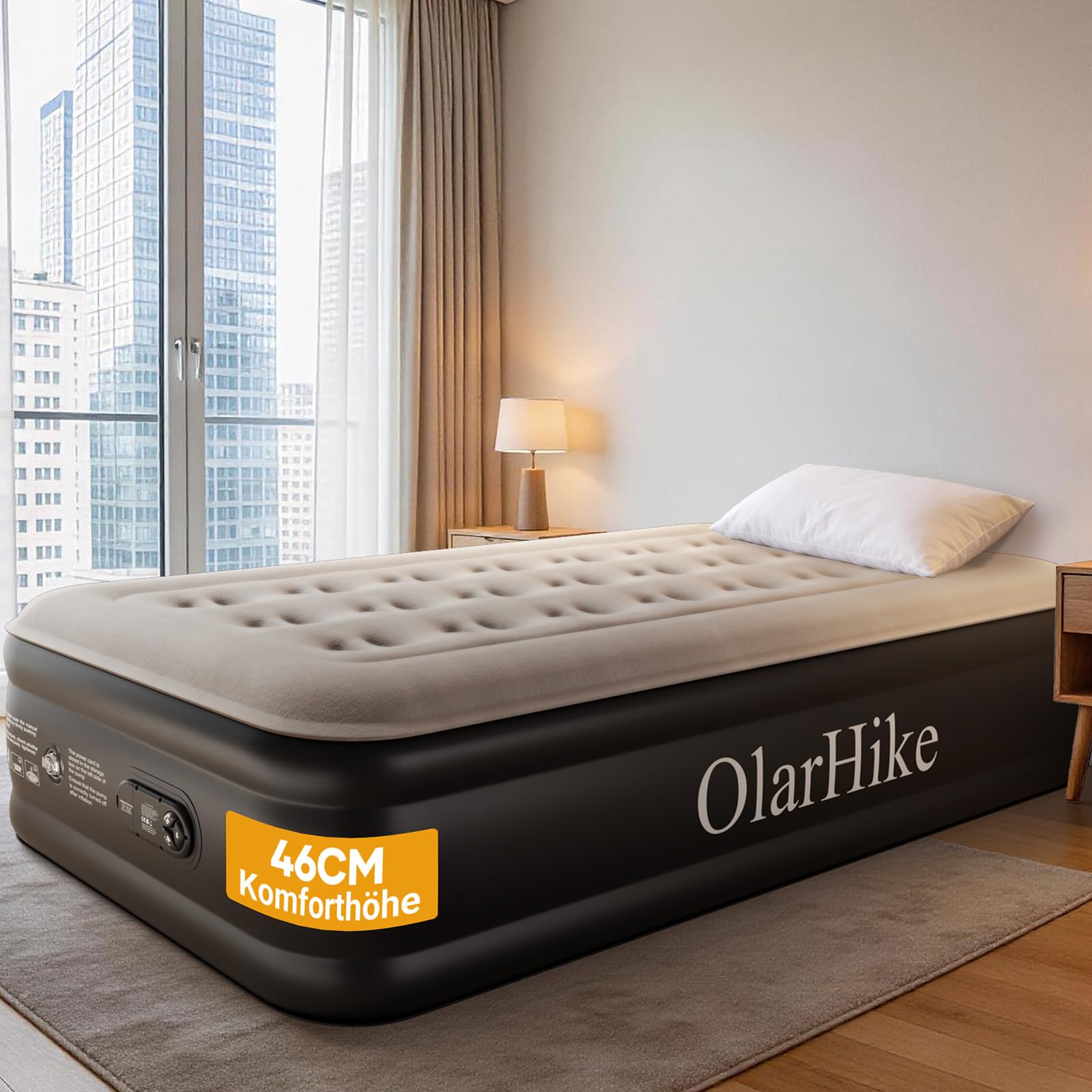 OlarHike Luftmatratze selbstaufblasend 90x200x46 cm Luftbett 1 Person | Gästebett mit Pumpe für Camping, Studentenwohnung und Zuhause. Wasserfestes PVC, weiches Flockbett, bis 150 kg belastbar