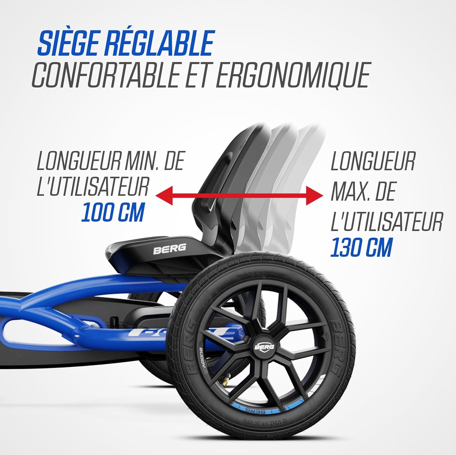 Diagram showing the adjustable seat of the BERG Buddy go-kart, indicating minimum user length of 100 cm and maximum of 130 cm.