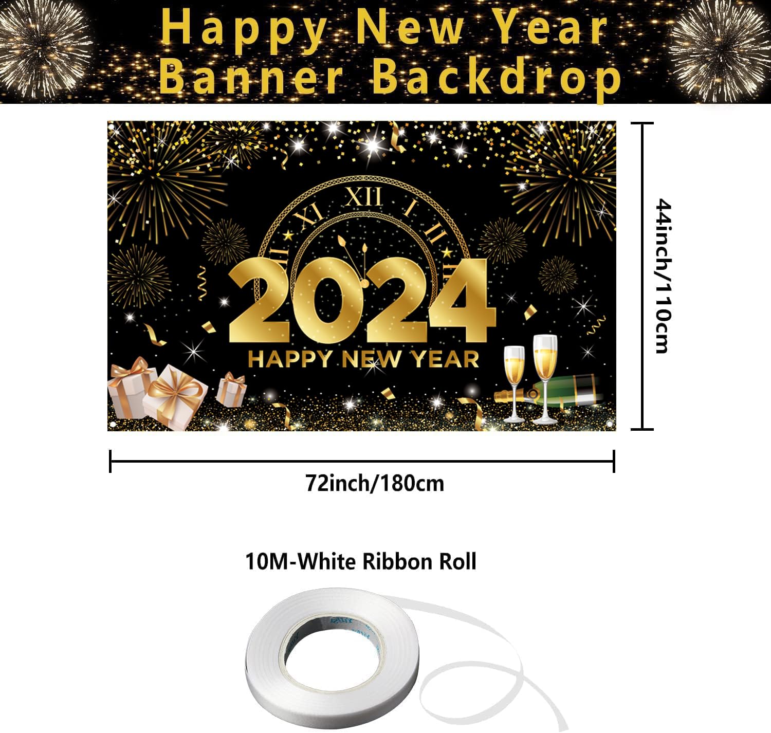 Happy New Year Banner 2024 Extra Large 73×43 Inch, Black and Gold Happy ...