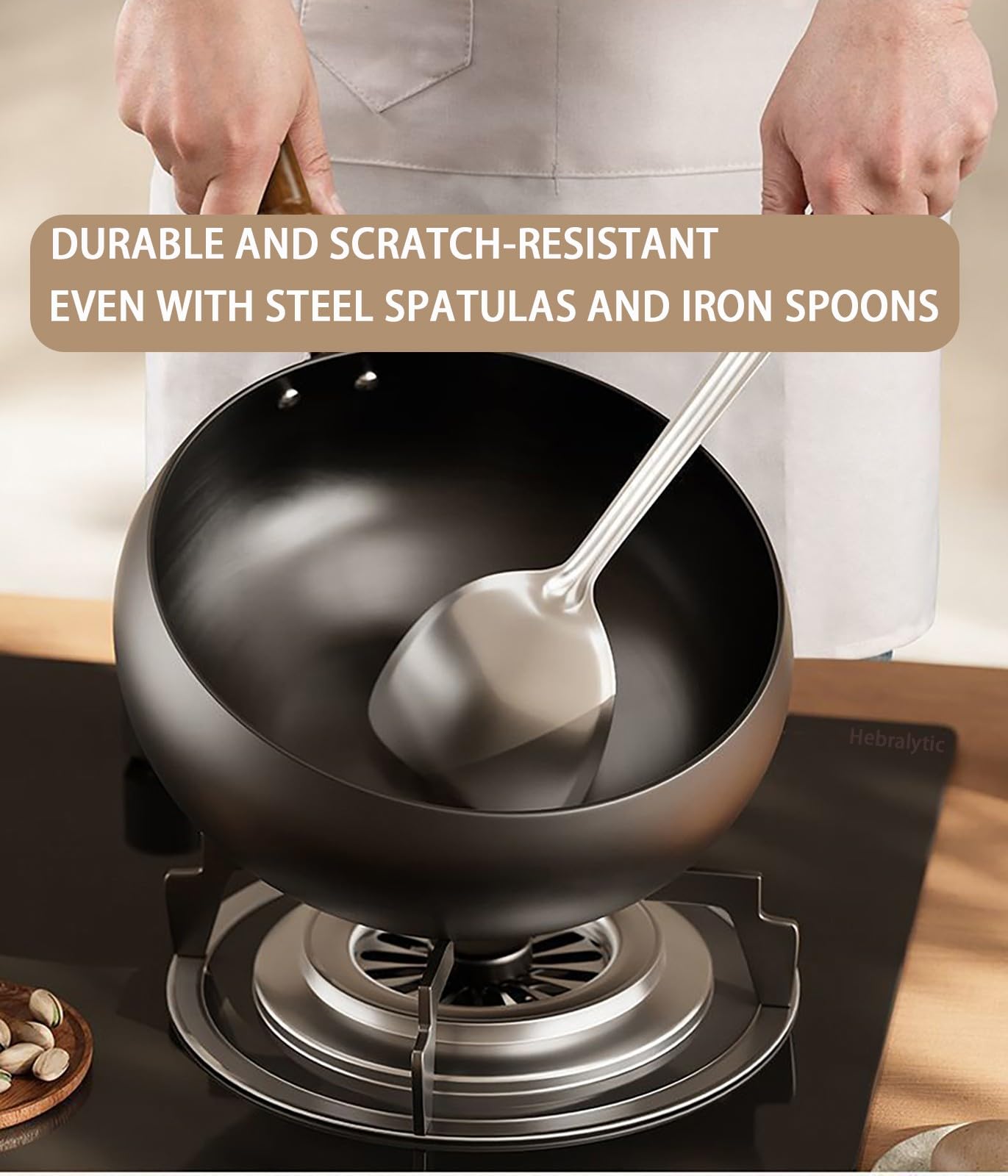 Wok Non Rivestito, A Forma Arrotondata, In Ferro Forgiato A Mano, Antiaderente, Utilizzabile Come Pentola per Stufati O Friggitrice per Piani Cottura A Induzione e A Gas(No lid,26cm)