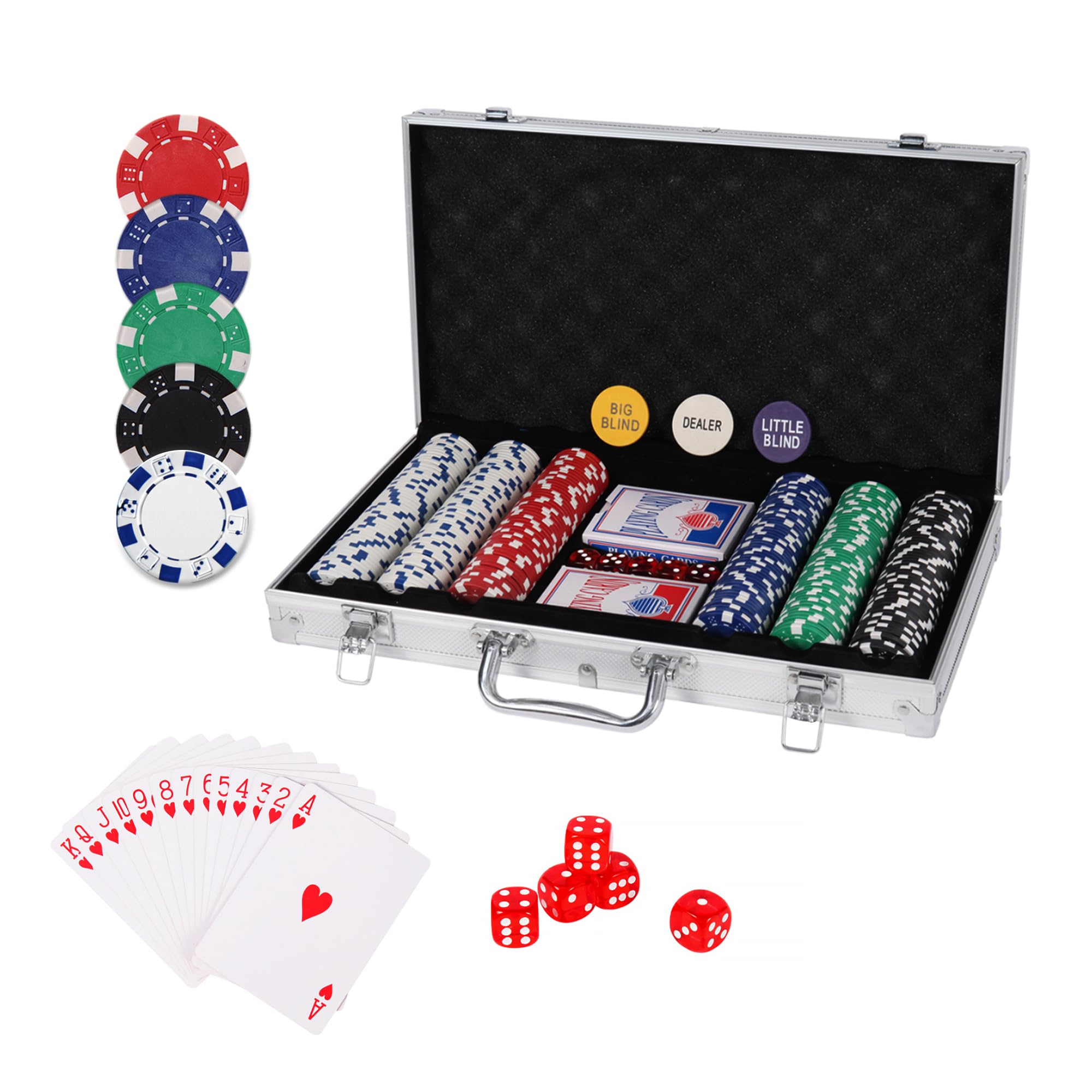 Pokerset inkl. 2X Pokerdecks, 5X Würfel, Dealer/Small Blind/Big Blind Button, Pokerspiel Alu Pokerkoffer mit 300 Chips Laser Pokerchips Set, Kartenspiele Aluminium Kasino Silber