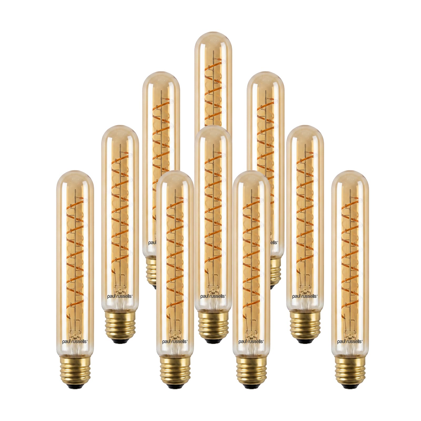 paul russells Dimmable Spiral LED Filament T32 Tube Bulb, E27 4W (25W Equivalent) - 250LM, 1800K Vintage Amber Light, 330° Beam Angle, Slim Decorative Edison Screw Long Tube Lamp – Pack of 10