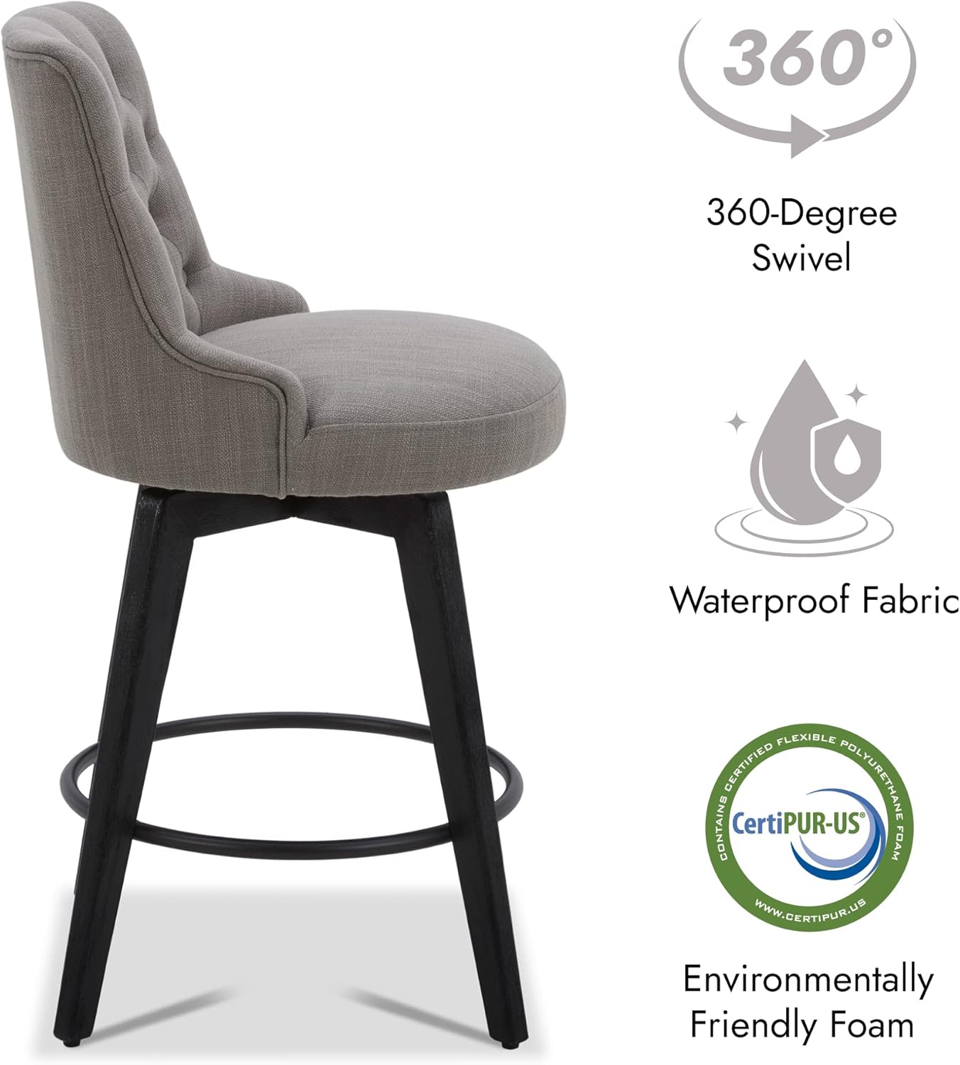 Watson & Whitely Modern Swivel Bar Stools, Performance Fabric Upholstered Counter Height Bar Stool with Back, Solid Wood Legs, 26" H Seat, Set of 2, Flint Grey