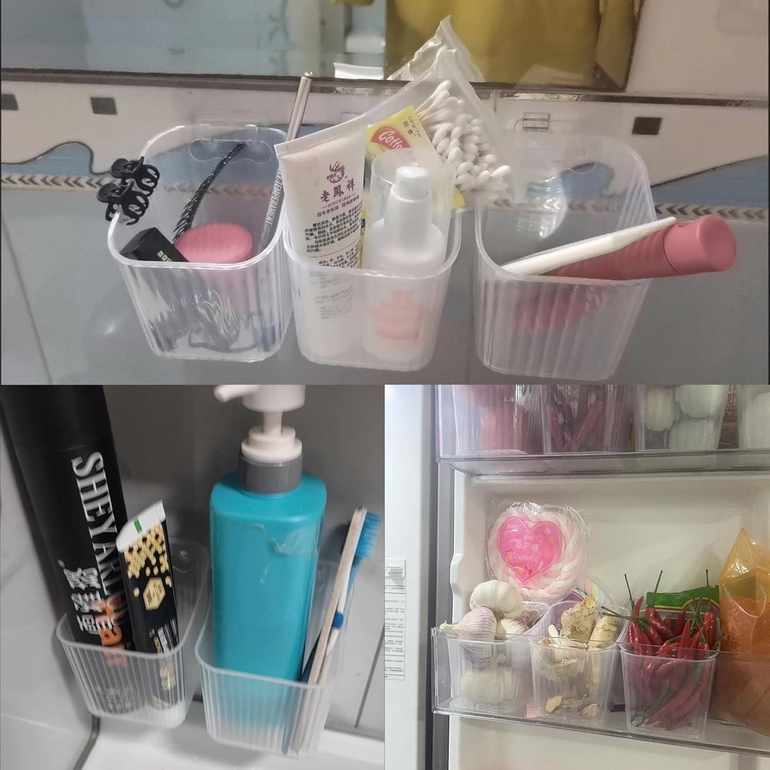 6Pack small Wall Mount Organizer, Adhesive Cabinet Door Storage Bins, Clear Makeup Container, Stackable Organizer Basket for Kitchen, Bathroom, Cabinet, Pantry, Office，Refrigerator Small Items storage - Image 8