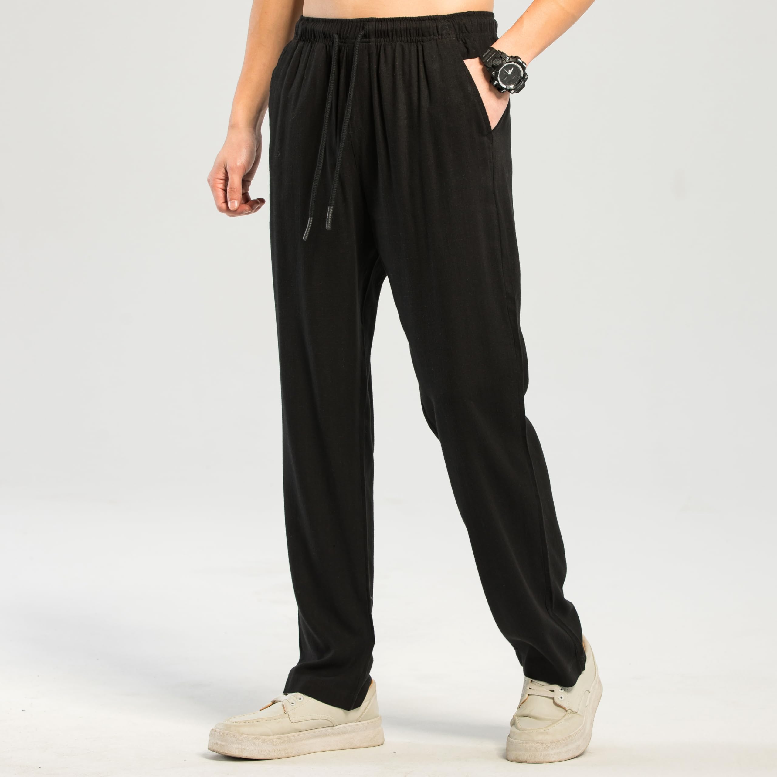 TONY BACKER Pantaloni Uomo Lino Estivi Tasche Coulisse Elasticizzata Casual Spiaggia Yoga P2711