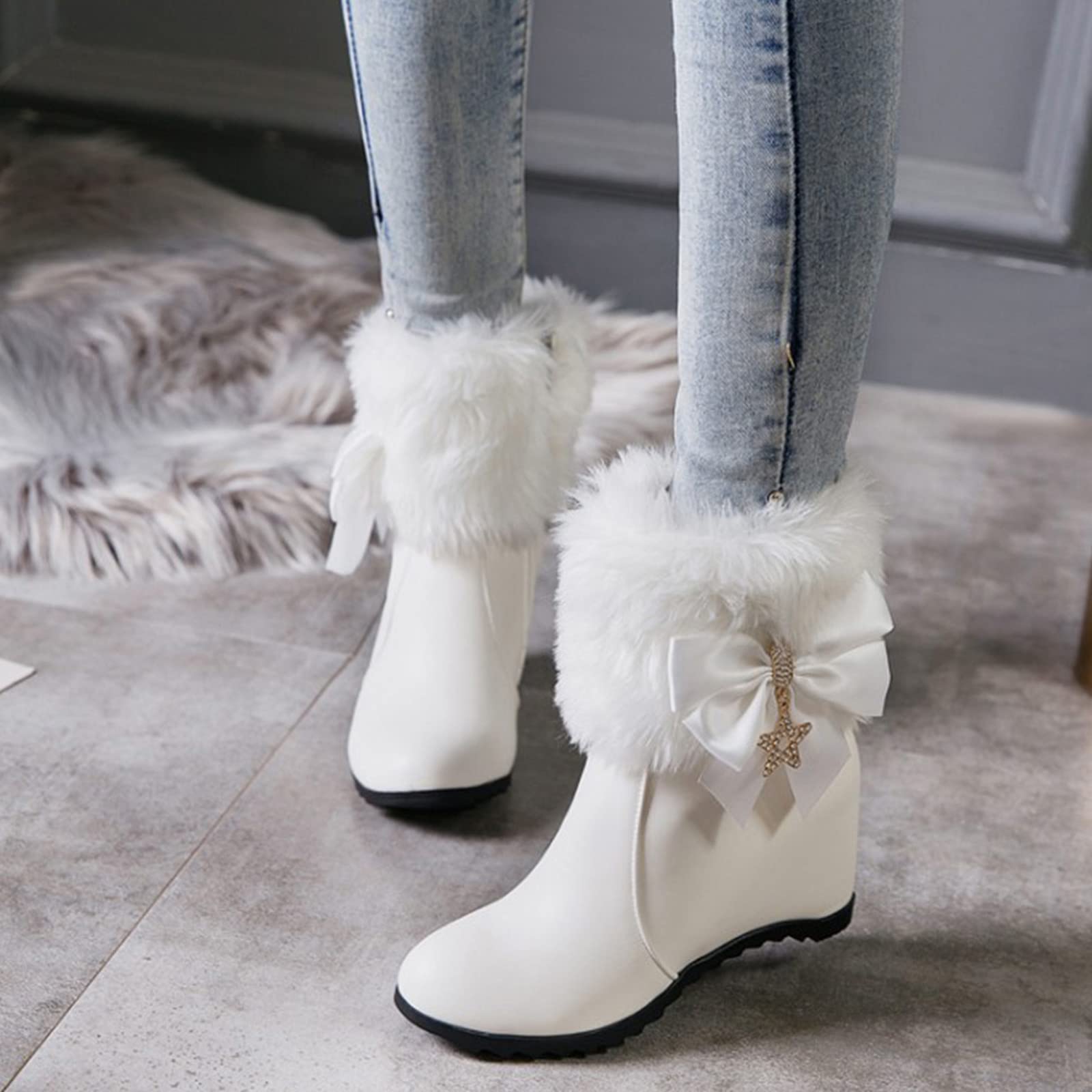 Scarpe Donna Stivali 2026 Cerniera Laterale Decorativa con Fiocco in Pelle Moda all'Interno Corti Cotone Tacco A Zeppa Anfibi Neri Pelo