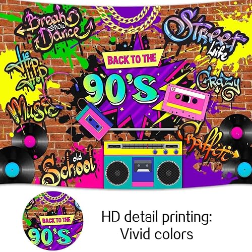 Miniatura 5 de Telón de fondo de fotografía de 7 x 5 pies de los años 90, Hip Hop Back to The 90, pared de ladrillo de graffiti, telón de fondo retro para fotos,