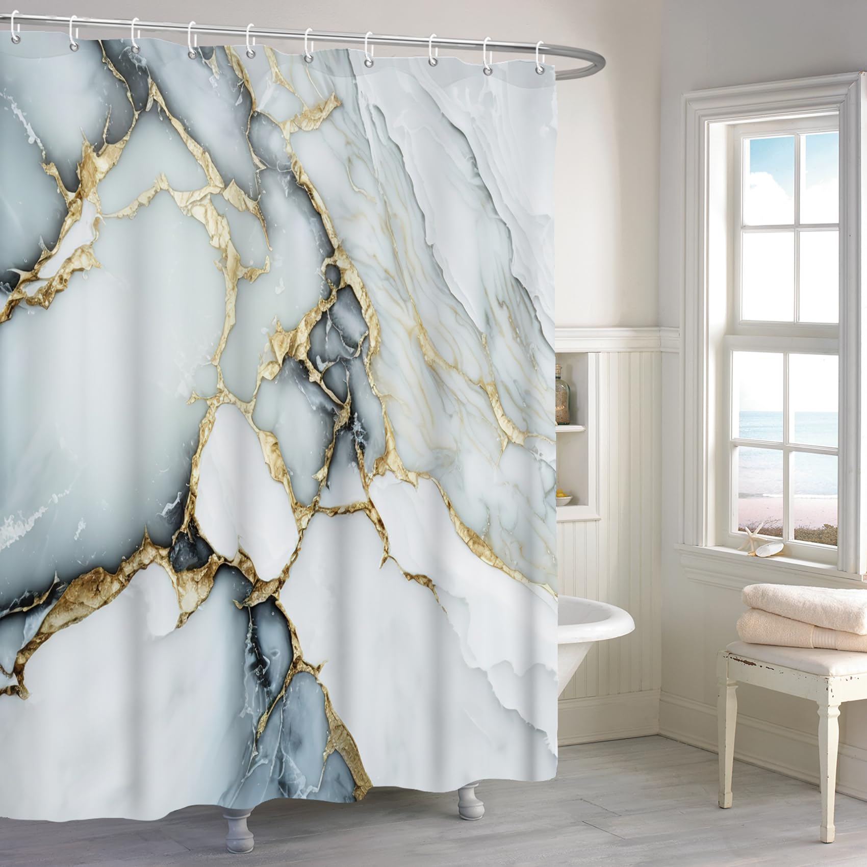 Renaiss 72x78 Inches Gray Blue Marble Shower Curtain Watercolor Abstract White Gold Marble Texture Modern Luxury Art Fabric Shower Curtains for