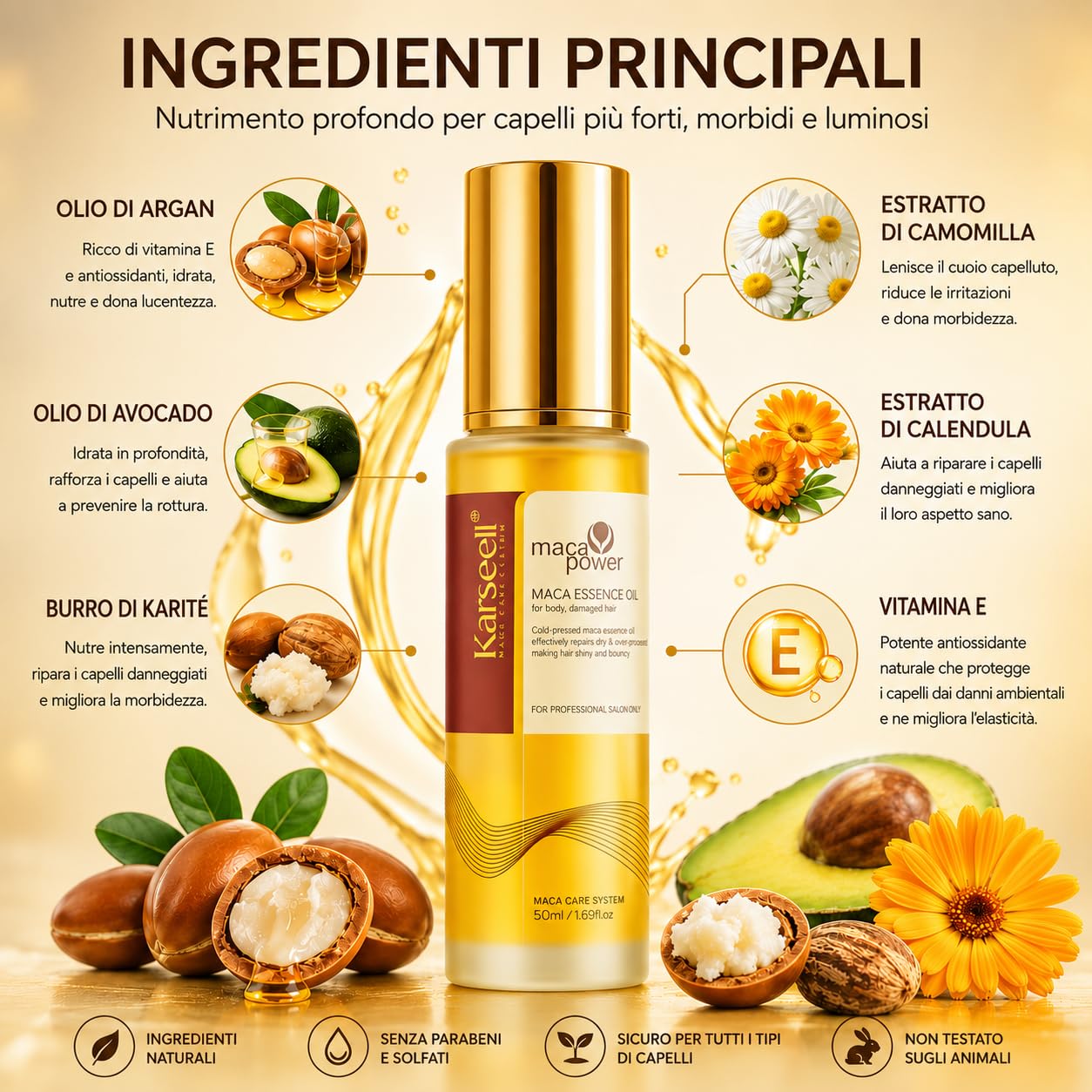 Karseell MACA CARE SYSTEM Siero per Capelli con Olio di Argan Idratante Riparatrice Anticrespo Brillantezza Capelli Secchi Danneggiati Colorati Ricci Lisci Punte Aperte Morbidi Senza Solfati 50ml
