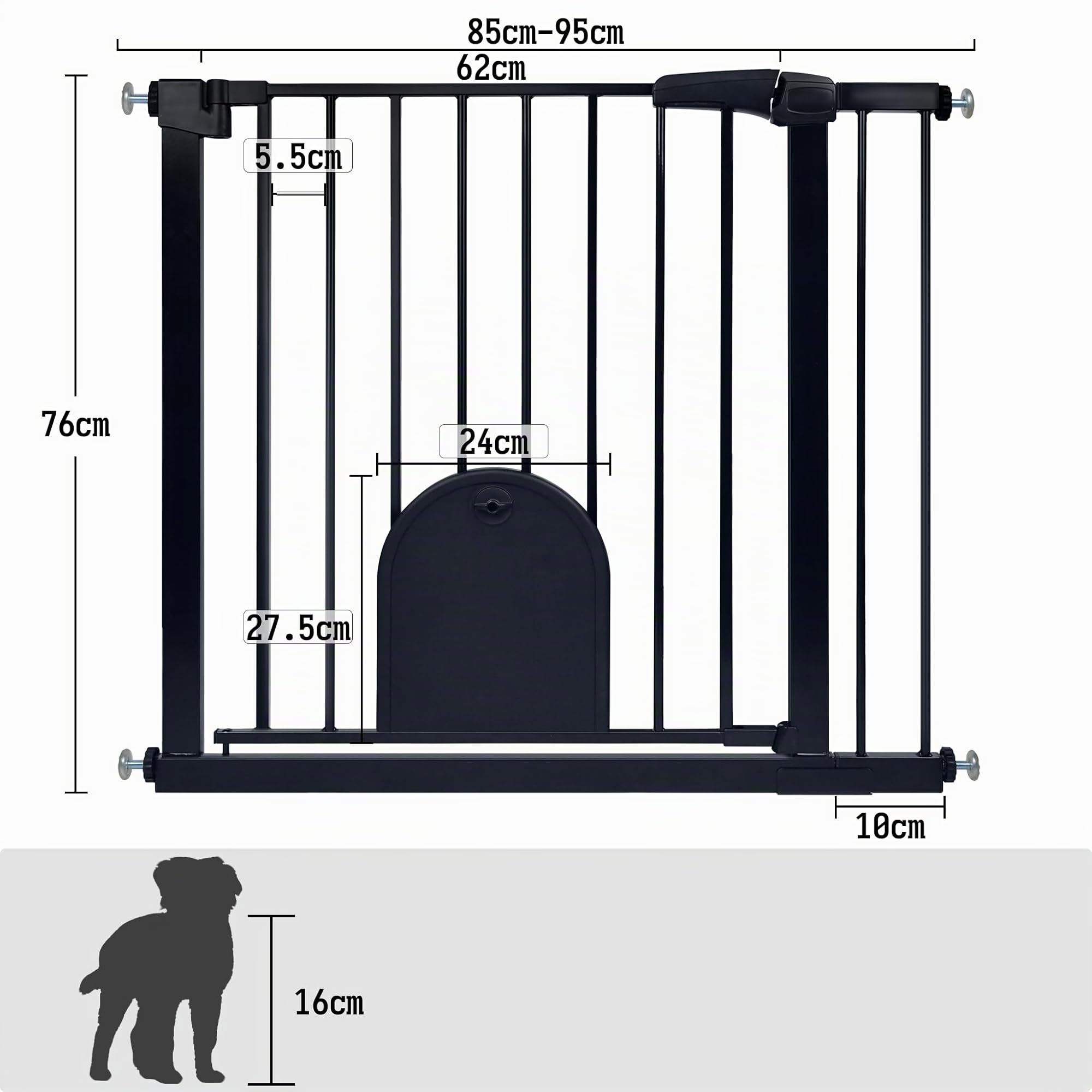 Aufun Barrière de sécurité Enfants sans perçage, pour Largeur 85-95 cm, avec Fixation à Pression, Fermeture Automatique, barrière métallique, barrière de sécurité pour Chiens avec chatière (Noir)