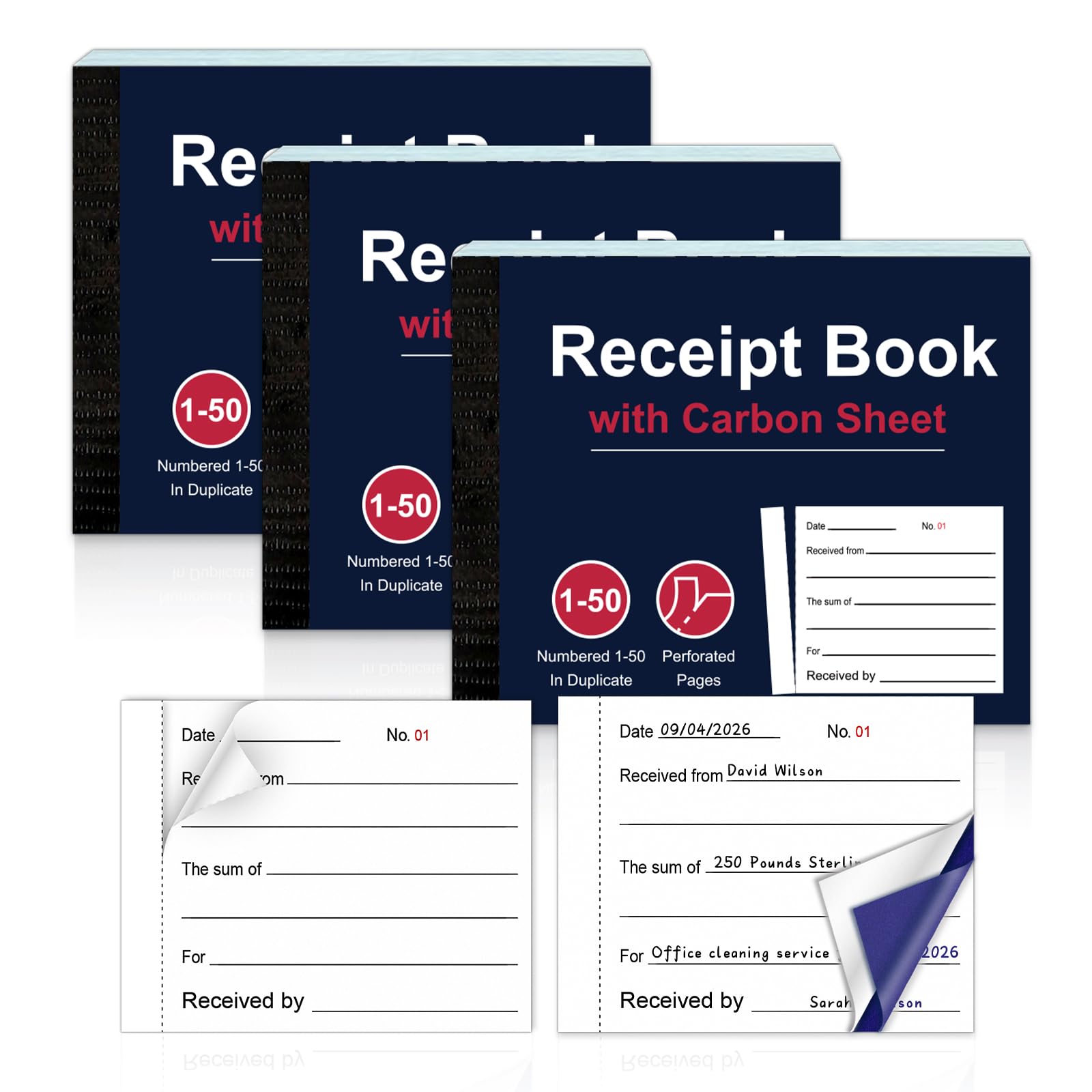 3 Pack Numbered Duplicate Receipt Books with Carbon Sheet 200 Pages 50 Entries Per Pad Cash Receipt Book Perforated Tear Invoice Duplicate Pad for Small Business Self Employed 130 * 105mm