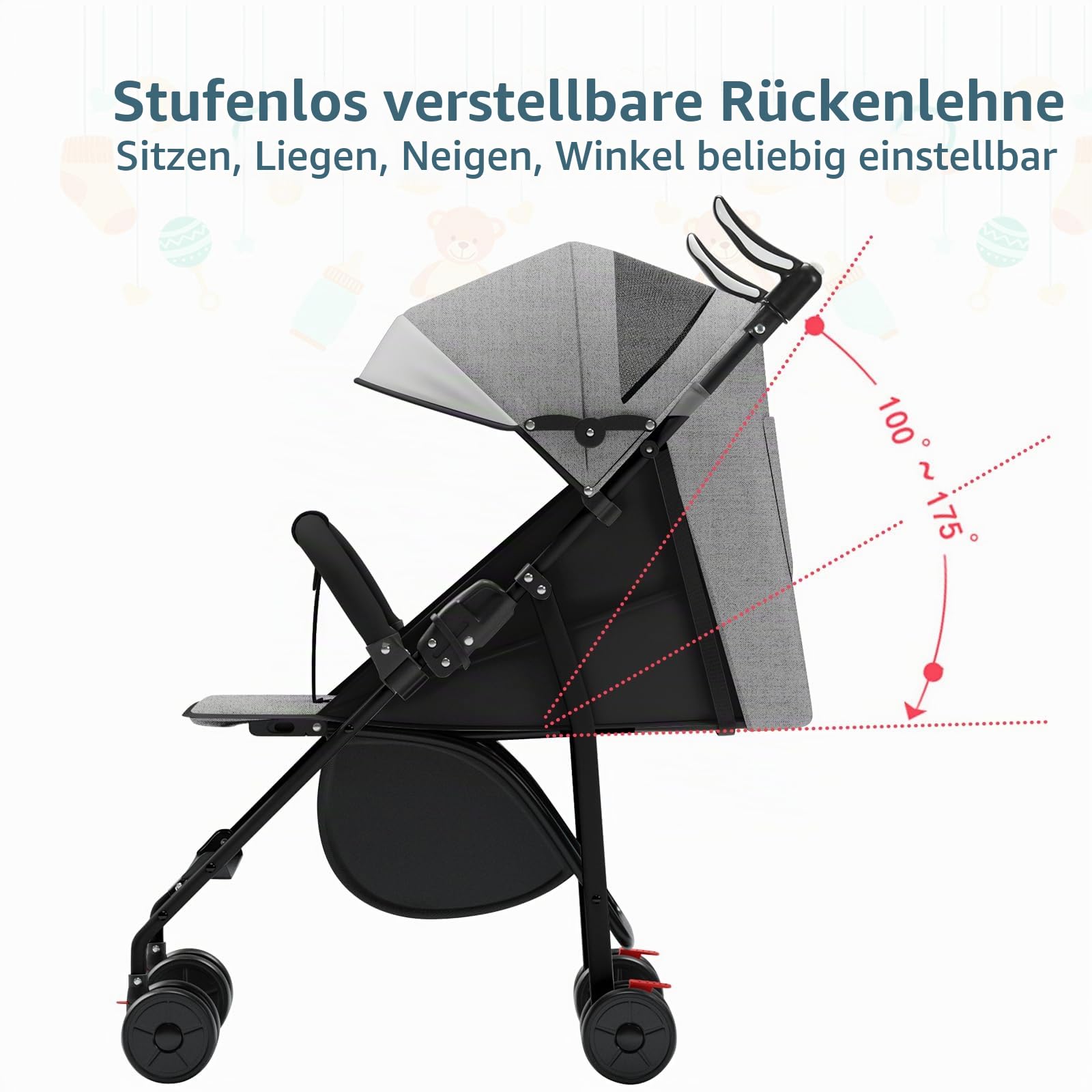Kinderwagen, 0-4 Jahre, 0-22 kg, leichter und kompakter Kinderwagen, neigbarer Rückenlehne, 5-Punkte-Gurt, faltbarer Reise-Kinderwagen mit Vordach und Moskitonetz, rutschfeste Räder