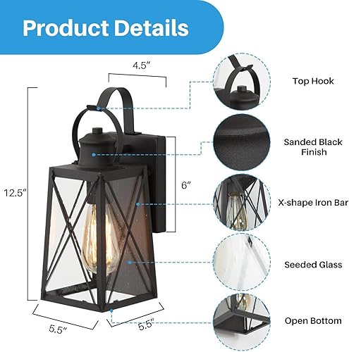 Miniatura 6 de Luces de pared para exteriores, apliques de pared exterior con vidrio semillado, faroles impermeables y antioxidantes para puerta delantera,