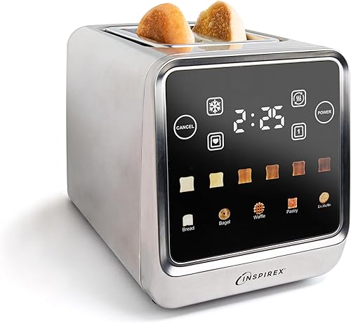 Inspirex Tostadora de pantalla táctil - 2 ranuras extra anchas - 5 tipos de pan y 6 niveles de tostado - Descongelar, recalentar, favoritos, ajustes