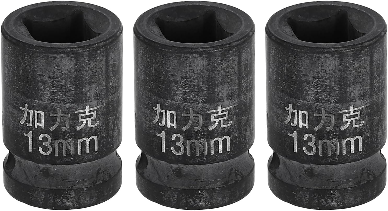 HARFINGTON 3pcs 4 Point Square Socket 1/2" Drive 13mm Metric Square Impact Socket CR-V Blackening Standard Wheel Sleeve Pneumatic Sleeve Tool for Auto Repair Mechanical Maintenance Home Use