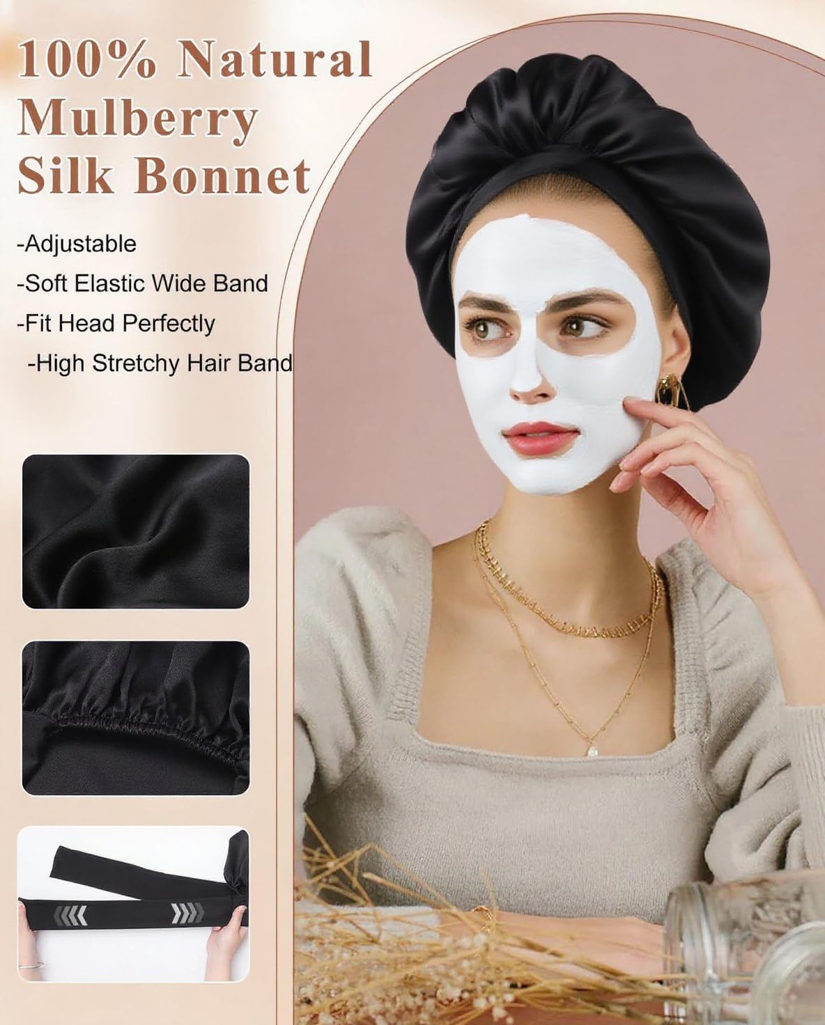 100% Silk Bonnet for Sleeping 19 Momme Pure Mulberry Silky Hair Wrap with Tie Band Stay On Head - Image 3