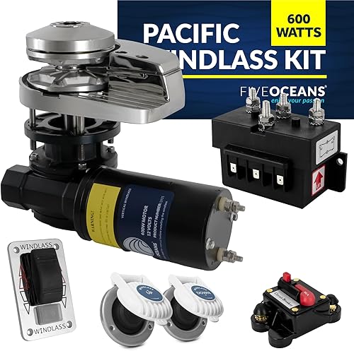 Five Oceans Windlass Kit, Boat Anchor Windlass, 12V DC, Includes Solenoid, Circuit Breaker, UpDown Foot Switch and Rocker Switch, Vertical Series