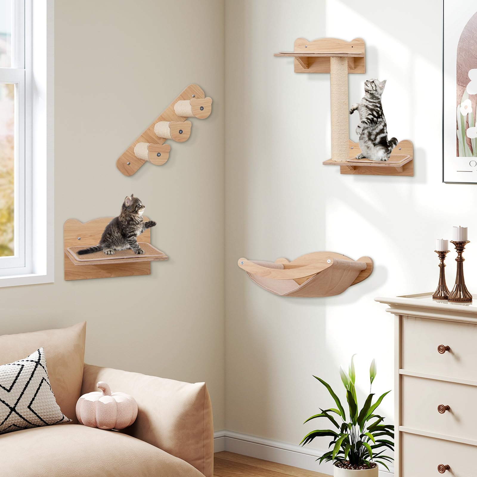 Tangkula Cat Wall Shelves, 4 Pieces Wooden Wall Mounted Kitten Furniture Set with Hammock, 2-Step Cat Tree, Non-Slip Pads, Sisal Stairs & Scratching Posts, Modern Cat Climber Steps (Natural)