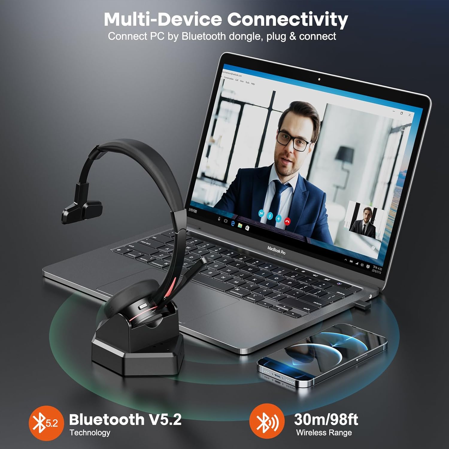1 Ear ENC Wireless Headset with USB Dongle for PC, Single Side Bluetooth Headset with Noise Canceling Microphone for Work, Connect with 2 Devices for Laptop/Cellphone/Zoom/Teams/Truck Driver - Image 5