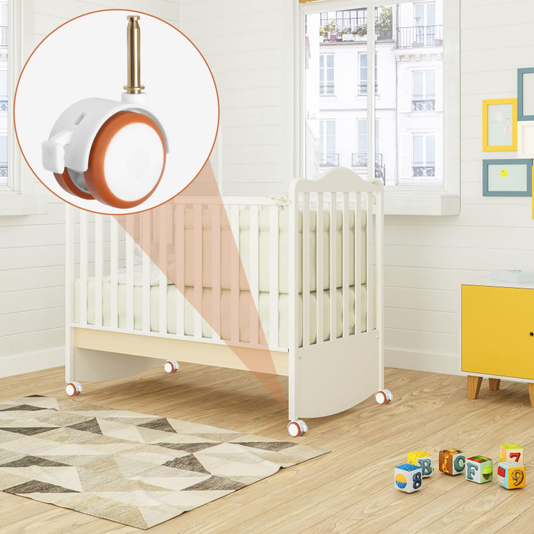 Roulettes pour Meubles d'enfants，4 Pièces Support roulettes pivotantes lit de bébé Roulettes de berceau pivotant，pour Berceaux, Poussettes, Chaises